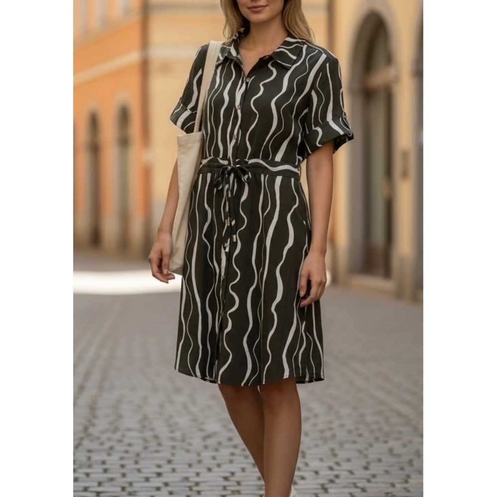 Halston Womens Olive Green Wavy Abstract Print Button Front Shirt Dress XL
